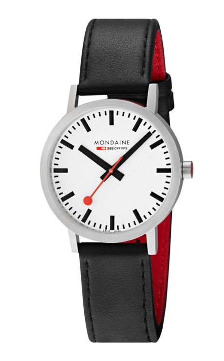 Mondaine strap black red leather 16mm polished